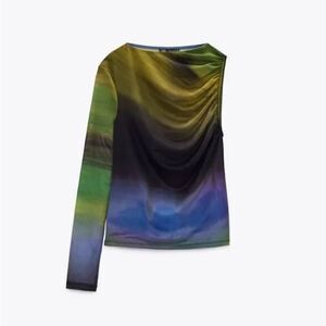 ZARA | Printed Tulle Asymmetric Mesh Top